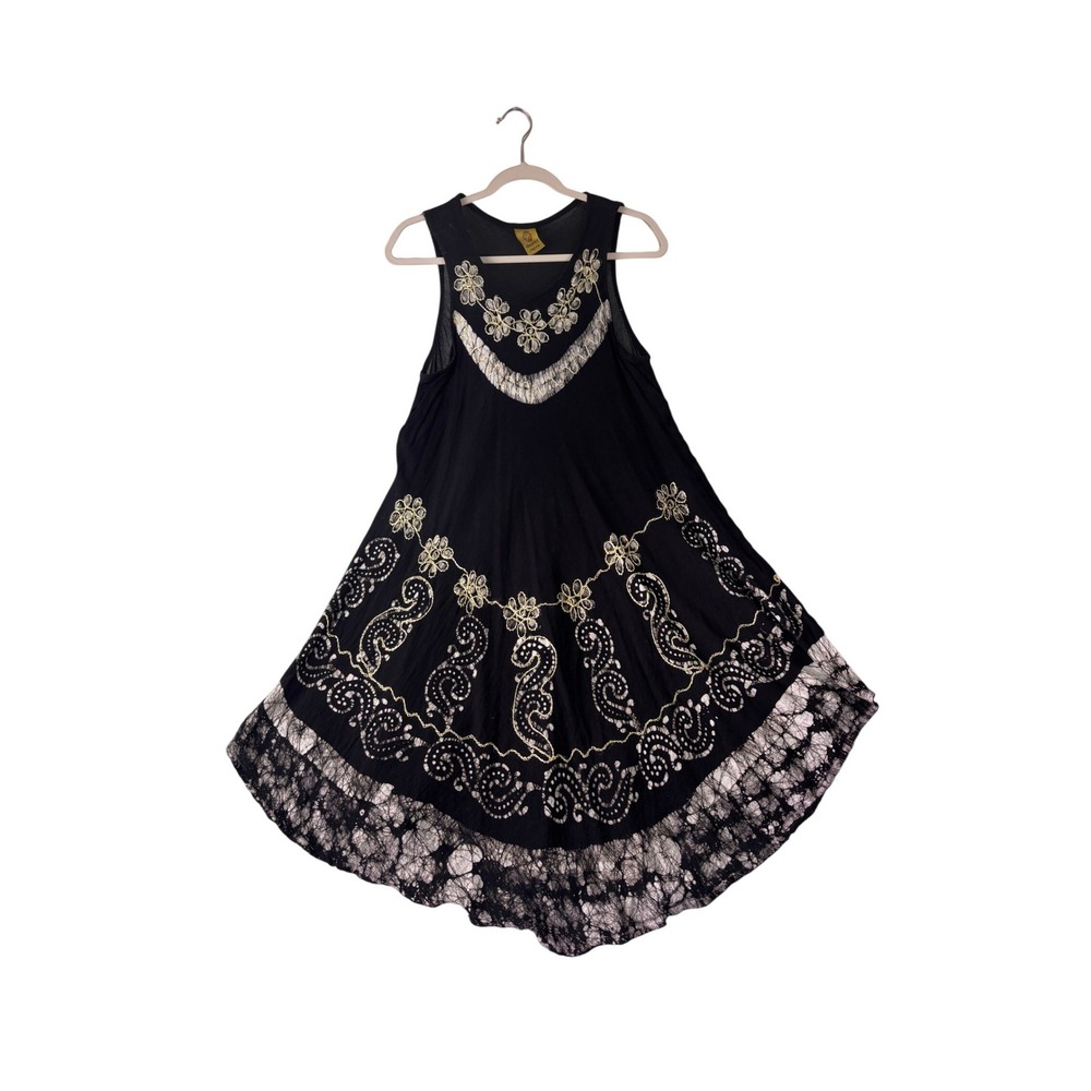 Pineapple Sleeveless Dress Women Free Size Black Embroidered Batik Paisley Boho